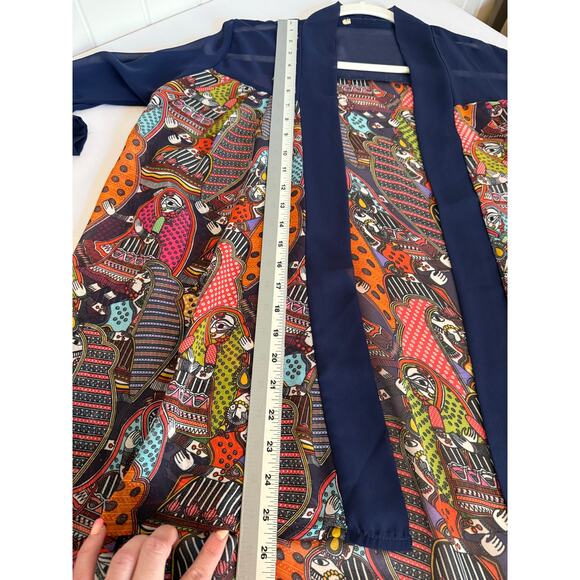 Womens M Colorful Art Open Front Sheer 3/4 Sleeve Hi Lo Cardigan Travel Egyptian - Picture 7 of 9